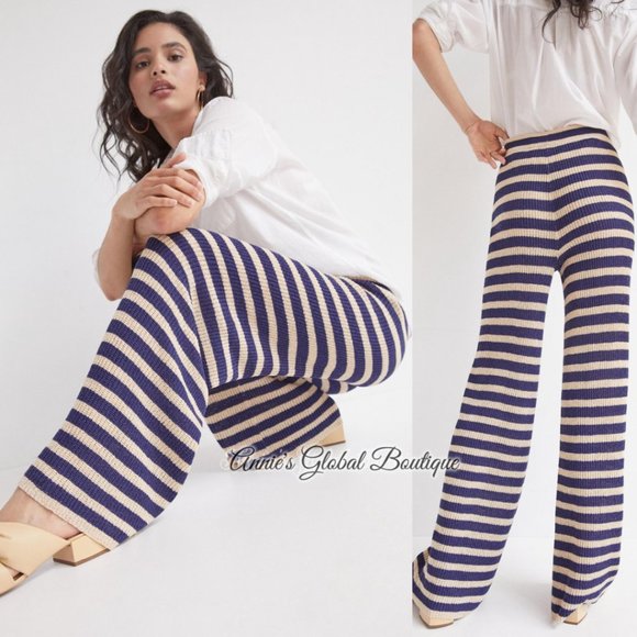 RARE NWT ANTHROPOLOGIE FLAT WHITE Striped Knit Pants. Size L - Picture 9 of 16